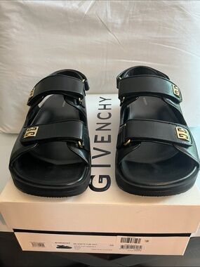 Givenchy Black Leather Dual-Strap Sandals with Gold Hardware